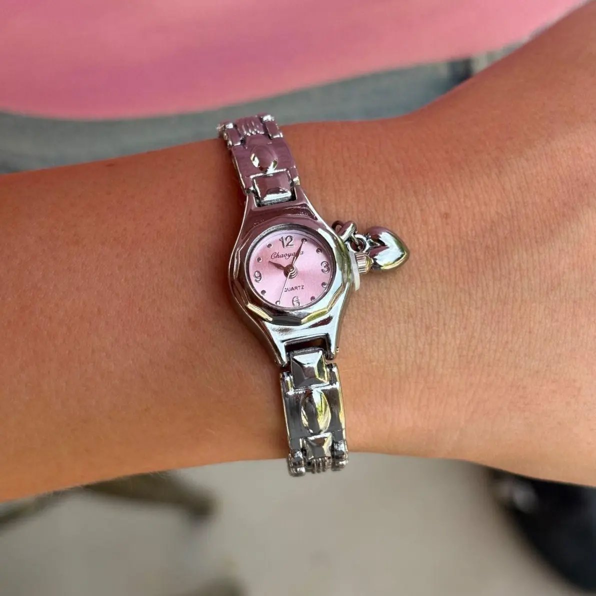 Women’s Silver Pink Heart Charm Bracelet Watch, Vintage-Inspired Analog Jewelry Watch, Y2K Style