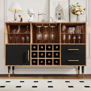 Garvee Bar Cabinet & Coffee Bar Cabinet with Storage Hutch, Wine Bar Cabinet for Kitchen & Living Room, Built in Charging Station, LED Lighted Wine Rack