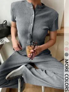 2 Piece Crew Neck Short Sleeve Button Front Split Hem Top & Elastic Waist Wide Leg Pants Two-Piece Set, Casual Minimalist Style