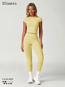 Women's Solid Crop Tee & Leggings Set, Casual Sporty Breathable Comfortable Two-piece Outfits for Yoga Gym Workout Running, Ladies Sportswear for All Seasons, Sports Quick-Drying Set, Tracksuit Sets