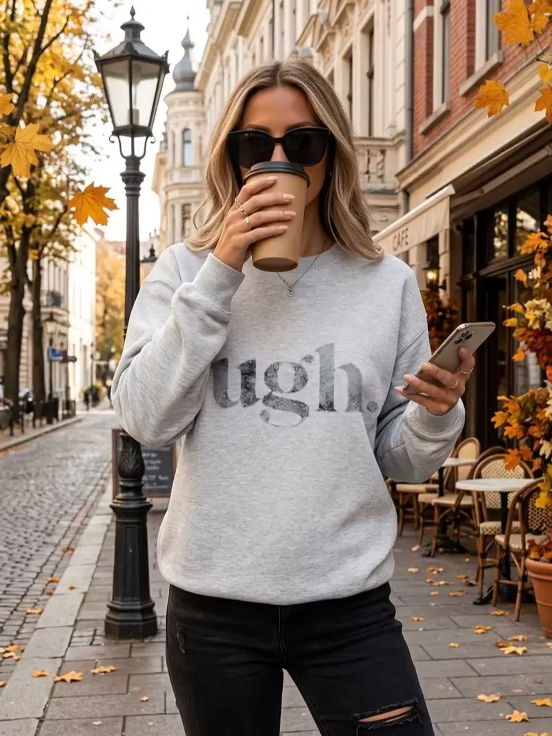 Light Gray Sweatshirt with 'ugh.' Distressed Print, Women's Casual Pullover, Long-sleeve Top for Daily Wear