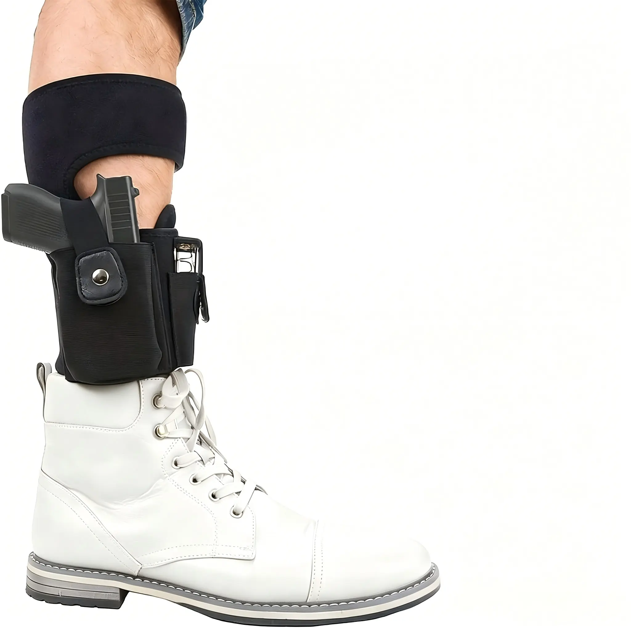 Tactical Ankle Holster for Adults, Adjustable Low Profile Design in Breathable Neoprene with a Secure Fit Calf Strap and Open-Top Magazine Pouch for Outdoor Concealed Carry, Snap, Customizable, Concealment, Backup Carry, Comfortable Backup Carry