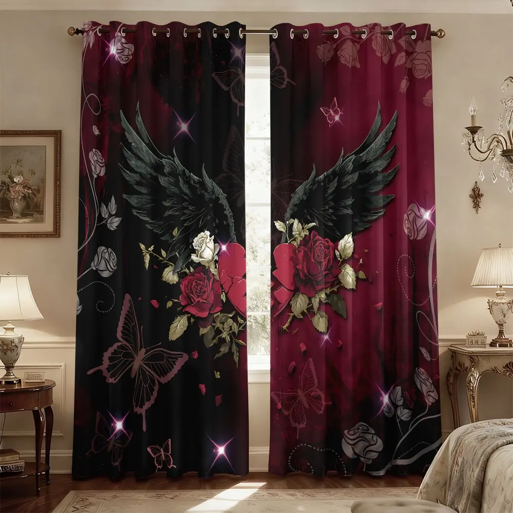 2panels black wing and rose print pattern sunshade curtains, bedroom privacy room partitions, blackout curtains suitable for home decoration windows Privacy Grommet Curtains Thermal Insulated Curtain Window Drapes