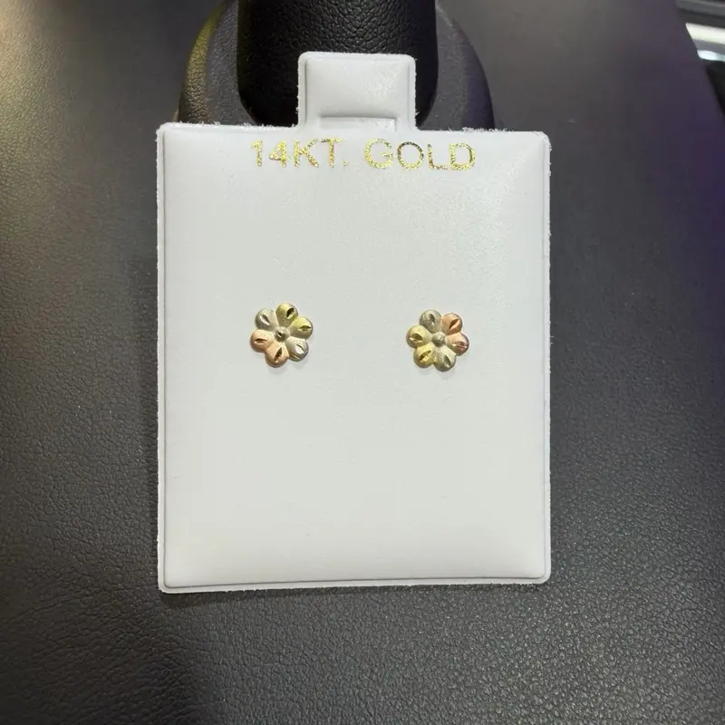 14Kt Gold 3-Tone Flowers Earrings Screw Ball Lock