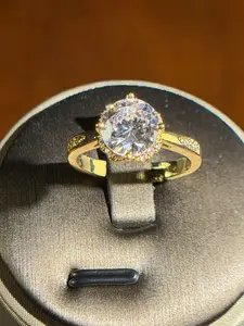 *FIERY SPARKLE*    Item#00000004  European 14K Gold Plated Halo Four-Prong Setting Round-Cut Large White Cubic Zirconia Adjustable Fashion Ring (Center Stone 2 Carat, Ring Size 6.5 and Up)