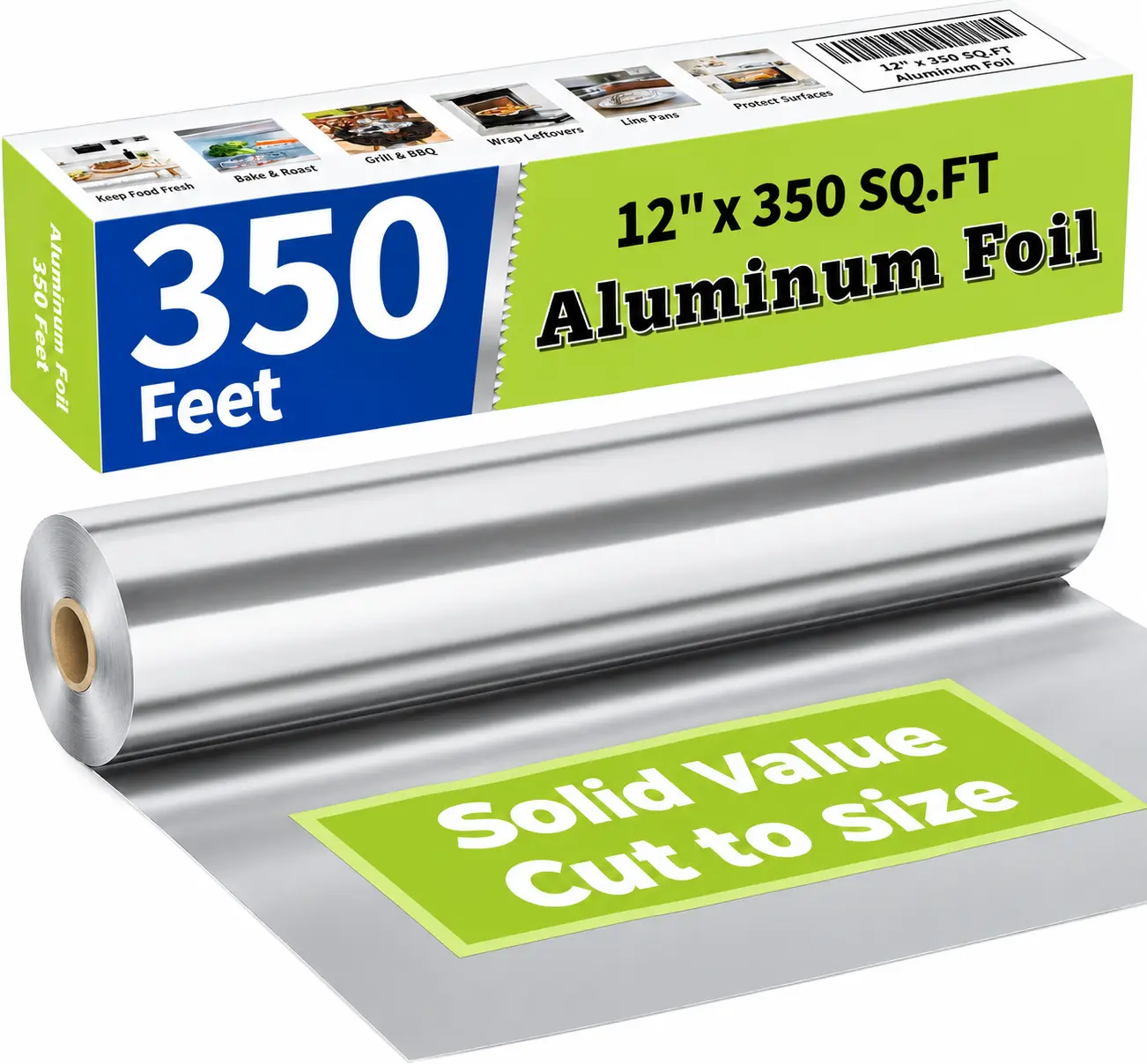 Aluminum Foil Roll 12in x 350 Sq Ft, Heavy Duty Tin Foil with Cutter Box, Food Safe Foil for Cooking Baking Grilling Storage