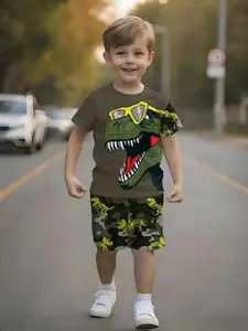 Summer Boys' Casual Set, Sunglasses Tyrannosaurus Pattern, Cool Breathable Sports Two-Piece, Fitted All Season Wear