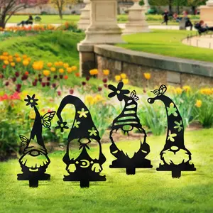 Garden Gnome Set - 4 Metal Yard Signs with Unique Designs and Decorative Features