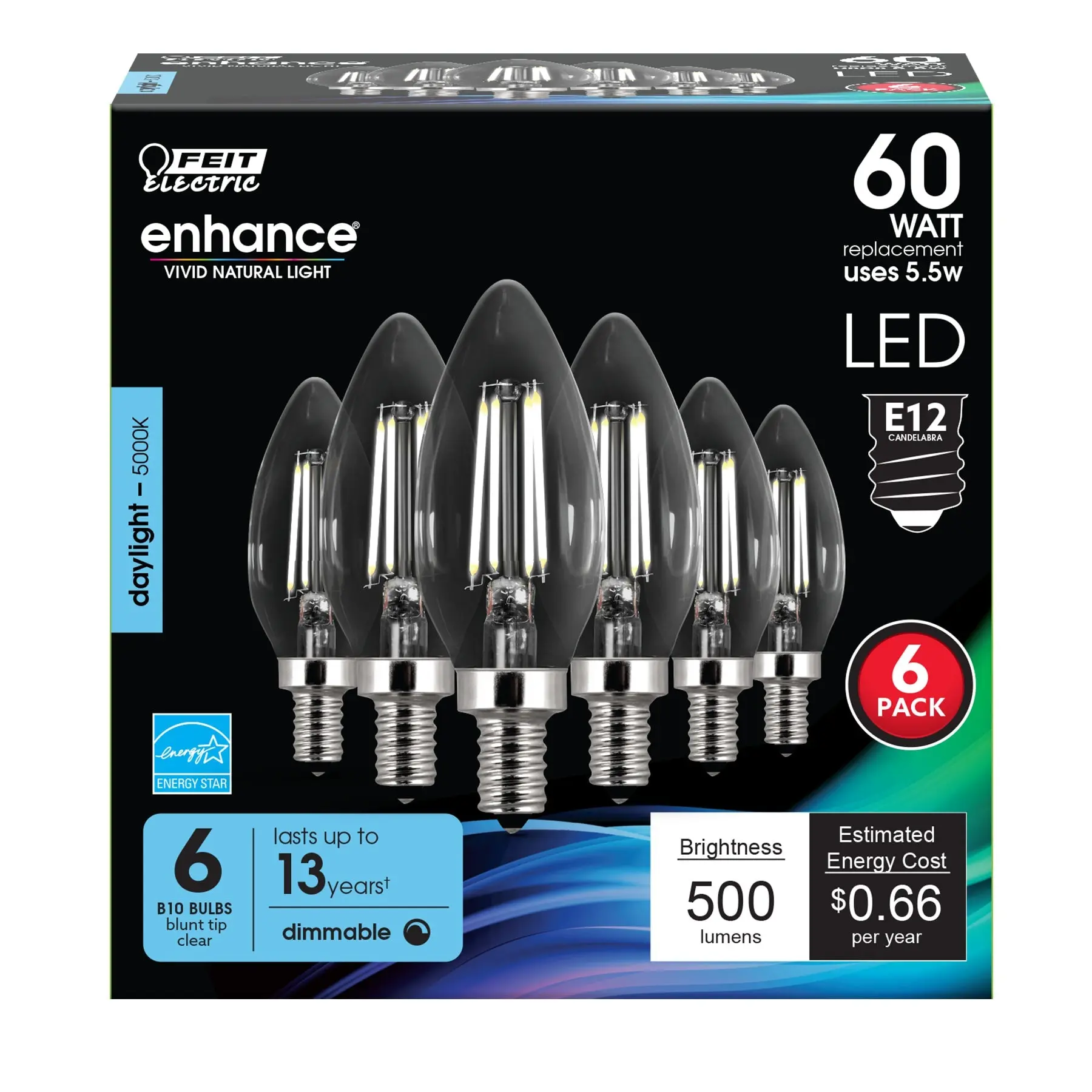 Feit Electric 60 Watt Replacement B10 Daylight 5000K E12 Base Dimmable LED Light Bulb 6 Pack
