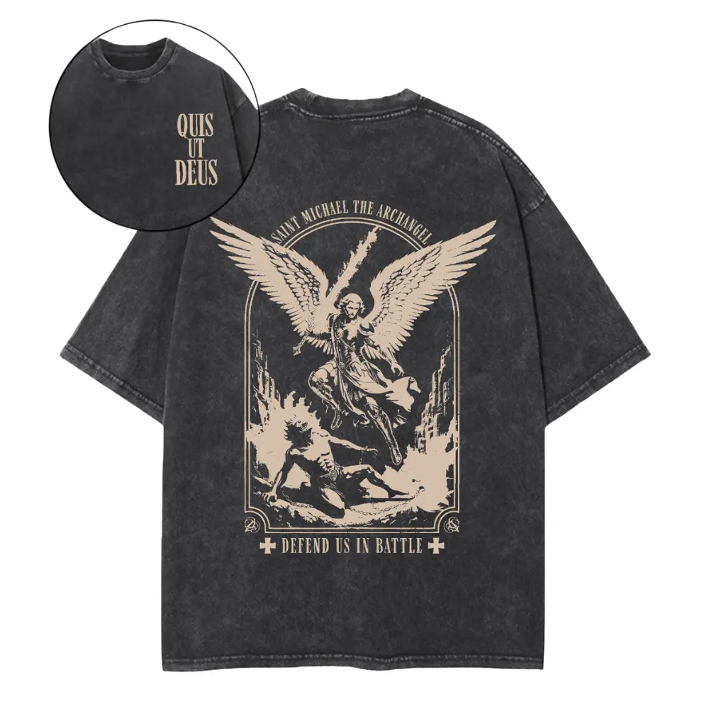 Women's Saint Michael the Archangel "Defend Us in Battle" Christian Cotton Short-Sleeve Top, Casual Breathable Vintage Sand Mineral Wash T-Shirt, Crew Neck