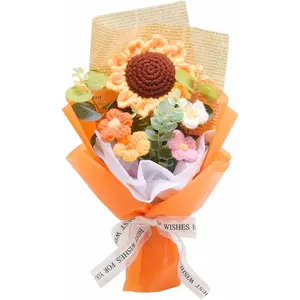 Crochet Flowers Bouquet, Handmade Knitted Bouquet, Crochet Flower Kit Knitted Fake Sunflower Daisy, Gift for Mother Wife on Birthday Anniversary (Orange)