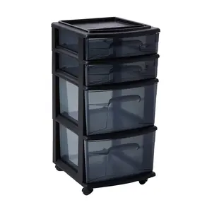 Homz Tall Solid Plastic 4 Drawer Medium Storage Cart with Caster Wheels, Black