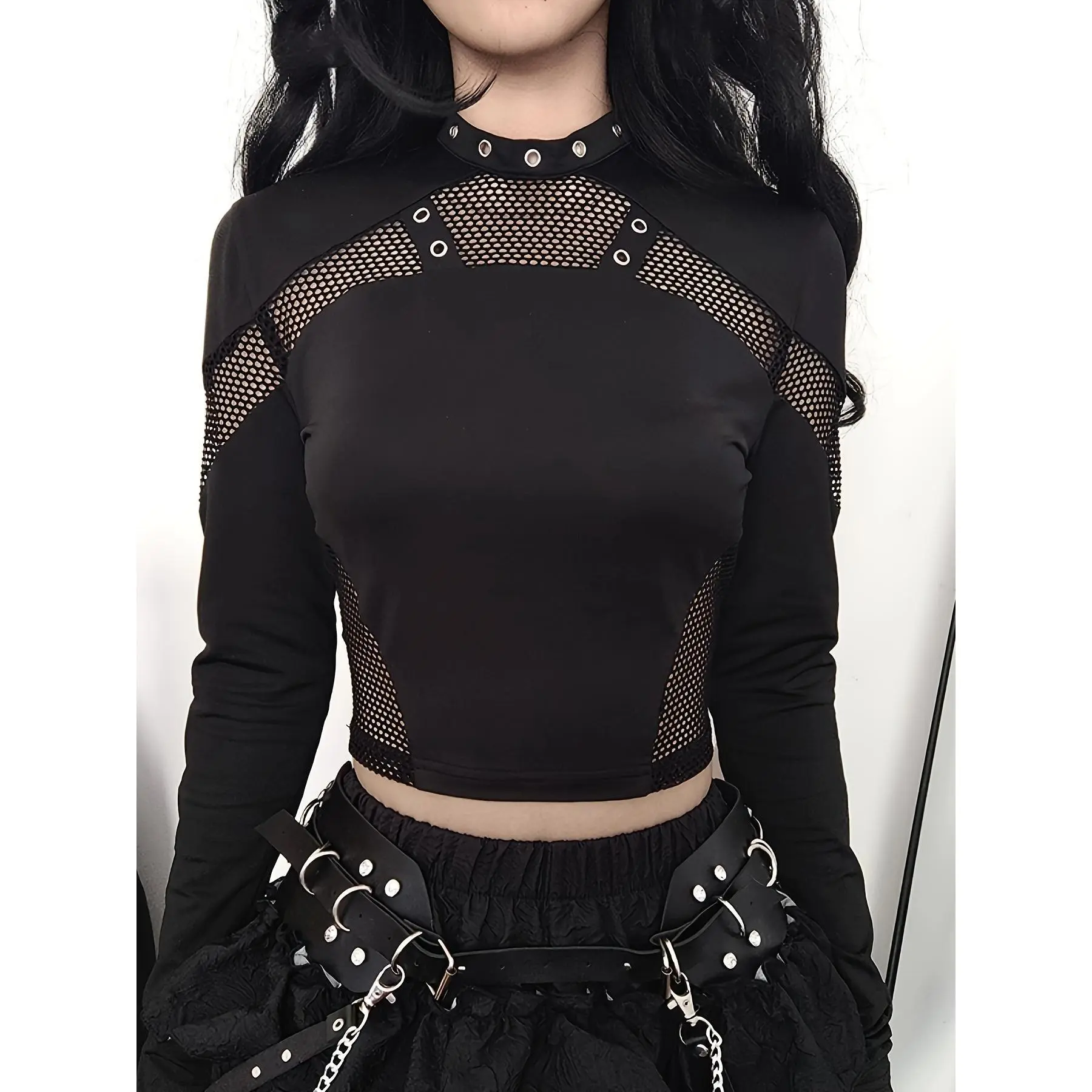 Women's 2026 Hollow Sheer Fishnet Slim-Fit Blouse - Longsleeves, Streetwear Dark Aesthetic, Patchwork Eyelet, Solid Color Top