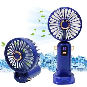 Portable Handheld Fan with Base & Lanyard, USB Rechargeable Small Fan with Adjustable 5 Speeds & LED Power Display, Foldable Personal Fan for Office Bedroom Outdoor Travel Camping