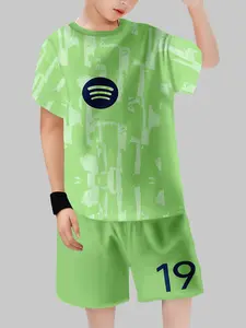 Children Fluorescent No 19 Football Set Sporty Jersey, Summer Barcelona Away Style Boys Short Sleeve Shorts Two-Piece Set