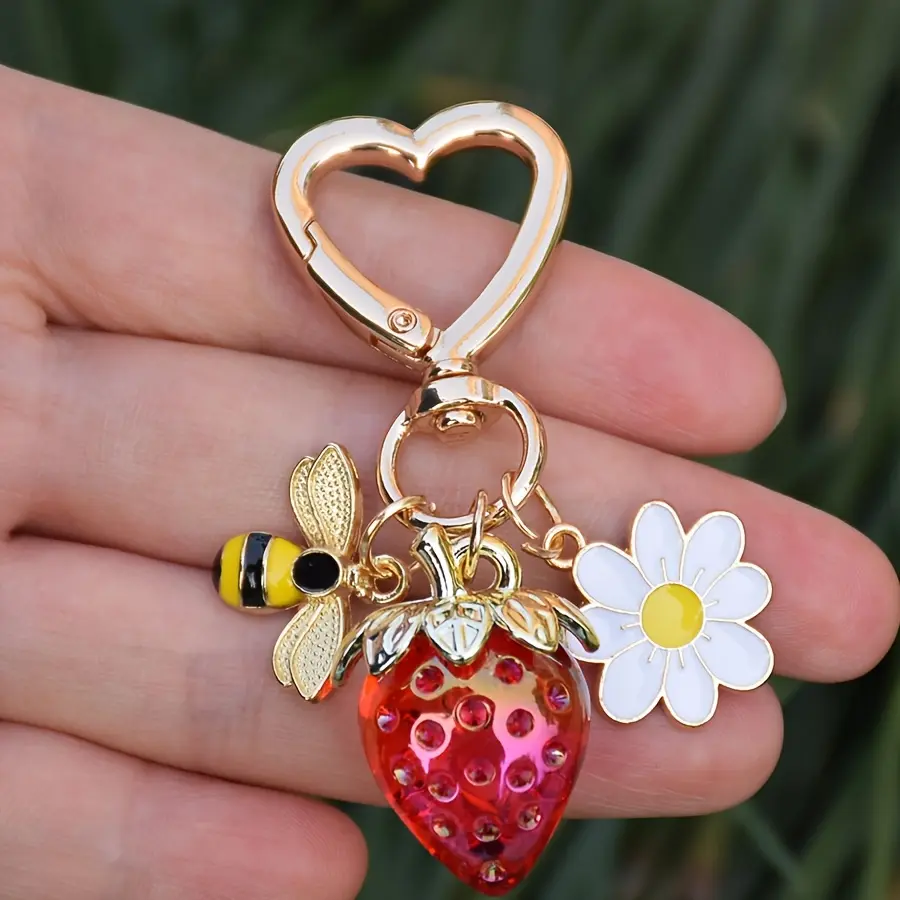Bee Strawberry Sunflower Keychain Set, Keychain for Bags, Keychain Bag Pendant, Cute Animal Design, Keychain Kawaii, Aesthetic Keychain, Perfect Gift Idea, Durable & Stylish Accessory, Ideal for Everyday Use, Keychain Decor