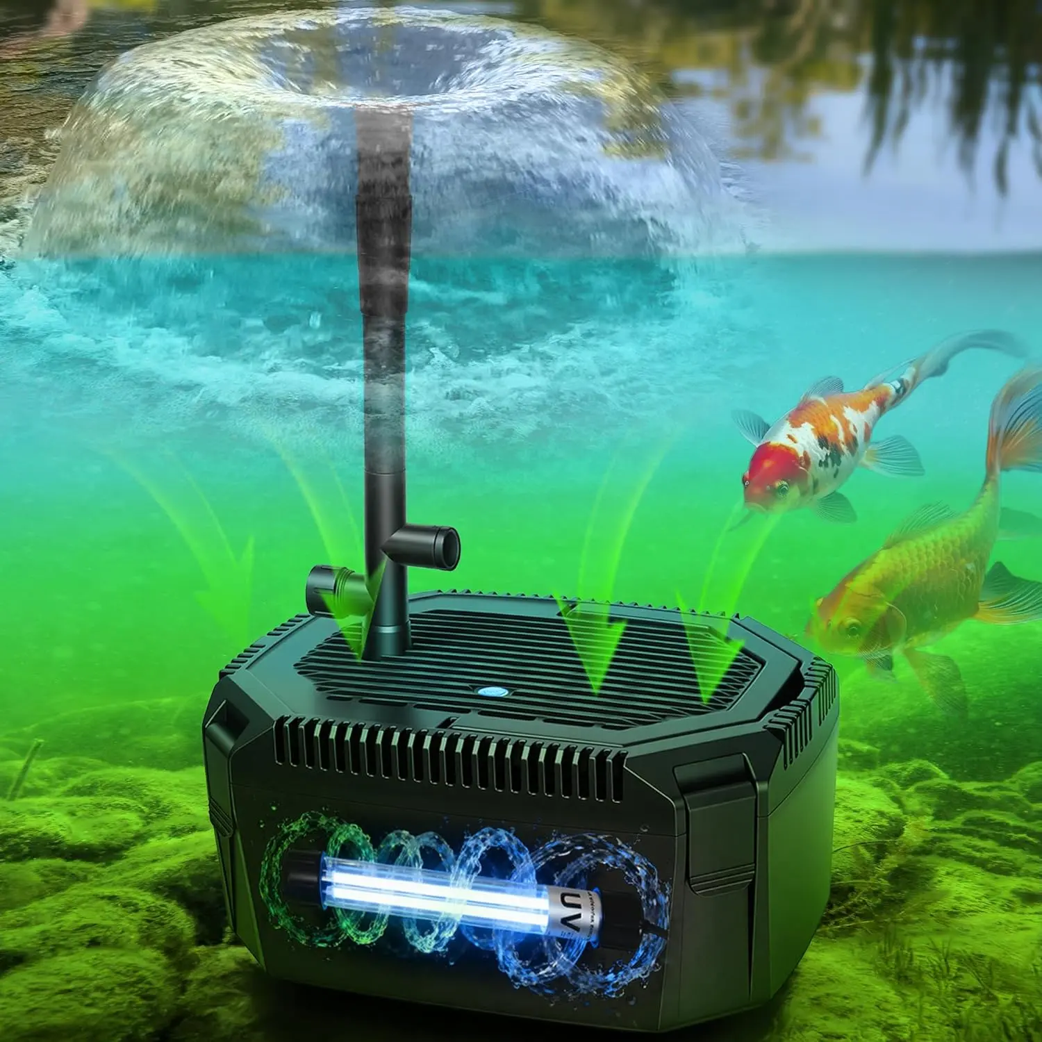 3-in-1 Koi Pond Filter Fountain Kit with 18W UV Light, 660 GPH Pump, 3 Water Patterns (Lotus, Bell), Power Supply for 1500 Gal Freshwater Fish & Aquatic Pet Ponds