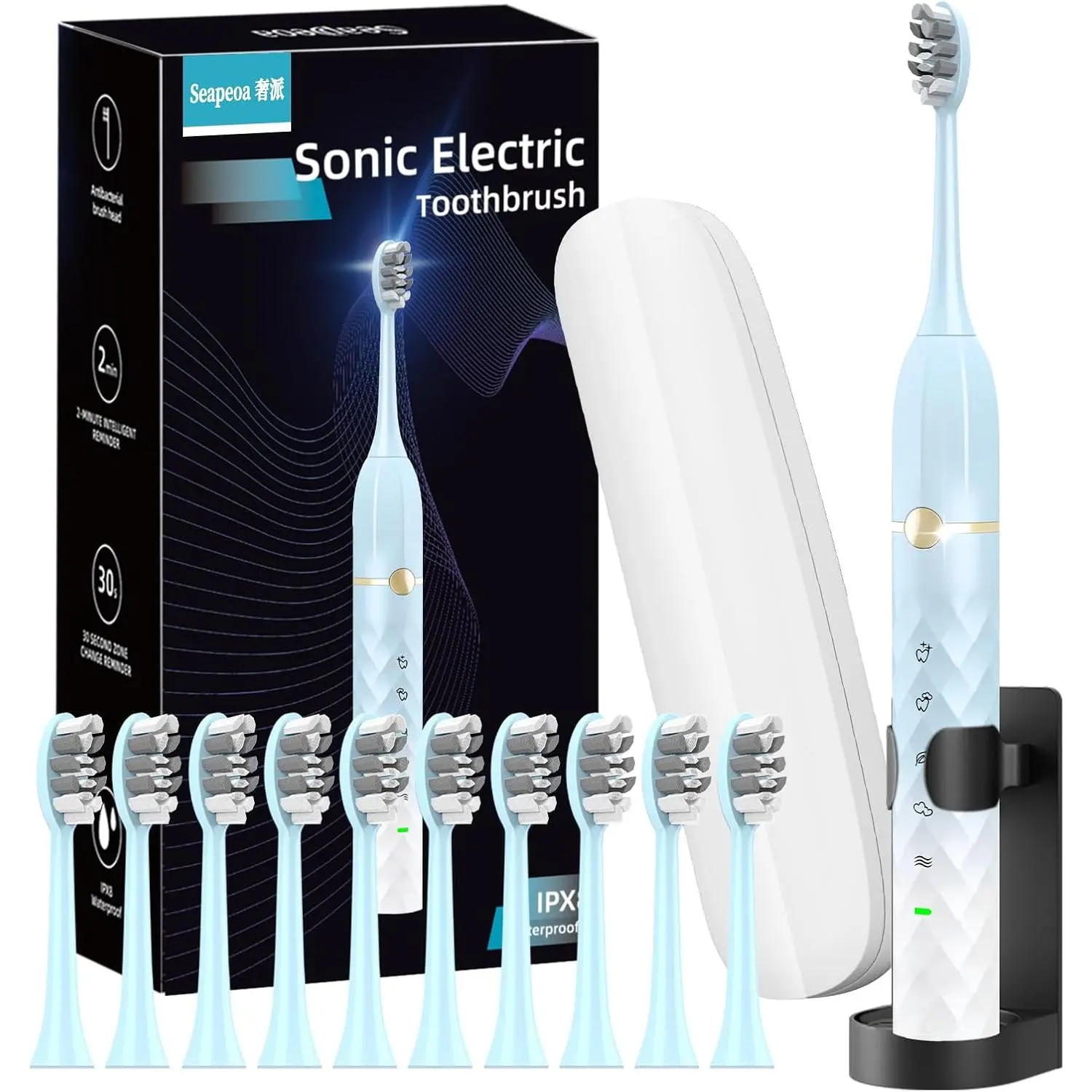 Rechargeable Sonic Electric Toothbrush Set for Adults, 42000 High-Frequency Vibrations, Metal Shaft Head, 5 Modes, 2-Min Timer, IPX8 Waterproof, 10 Brush Heads, Portable Travel Case, Fast Charging, Cleansing Personal Care Appliance