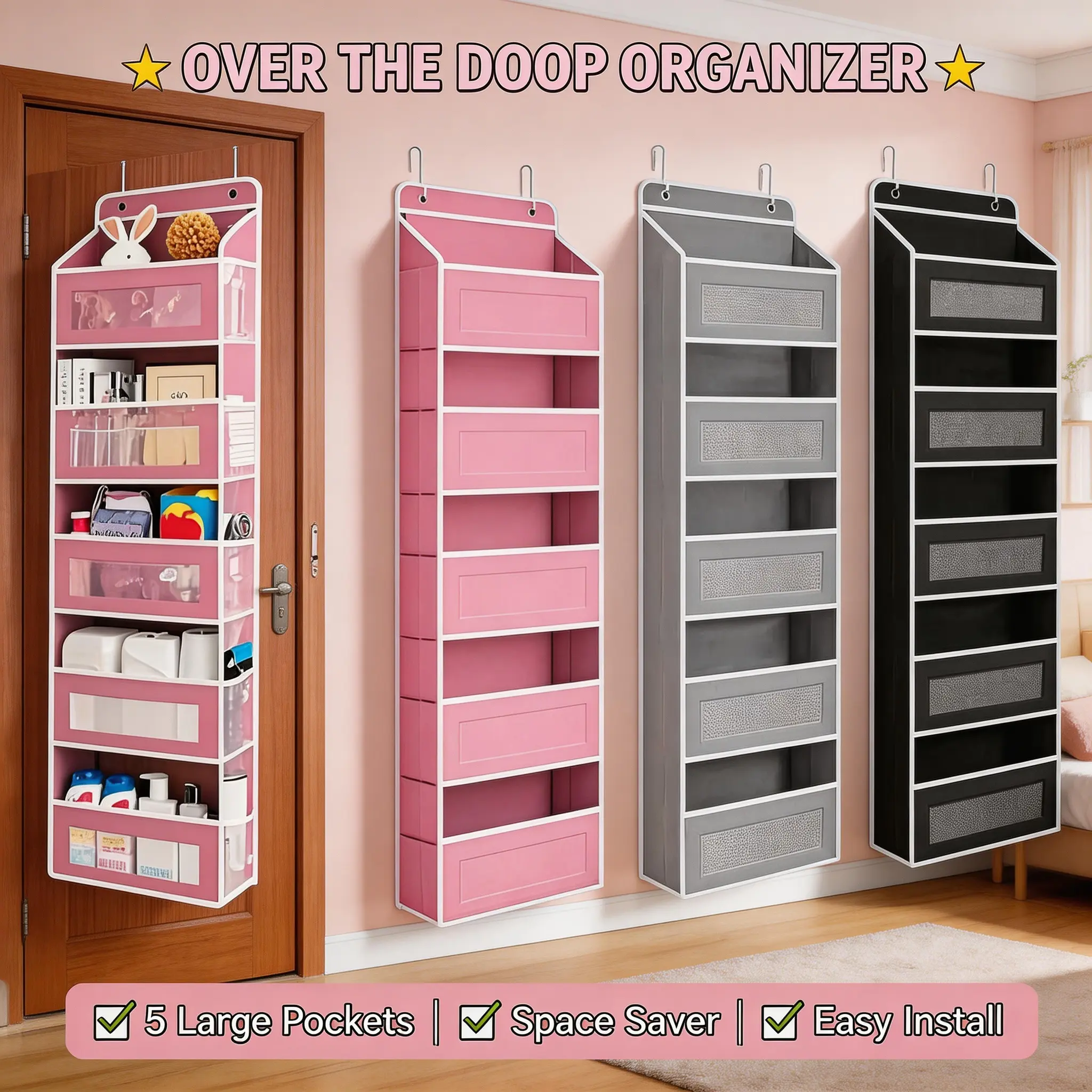 [Space Saver Bags] 5-Tier Hangable Over-The-Door Nylon Storage Organizer - Sturdy Anti-Tilt Hanging Rack with 10 Large Pockets, Damage-Free Modern Organizer for Dorm Bedrooms