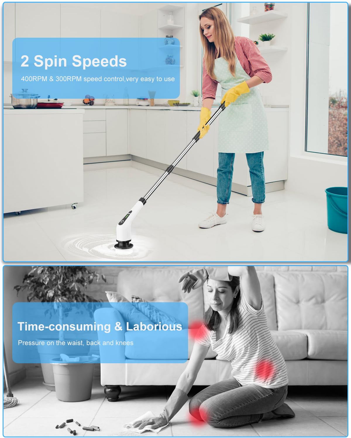 Cordless Spin Scrubber - USB Rechargeable Power Scrubber, Adjustable Speed, 8 Replaceable Brush Heads, Back Pain Relief for Bathroom, Kitchen Home Improvement Cleaning