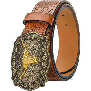Western PU-Leather Cowboy Buckle Belt for Men and Women Jeans Engraved Floral Longhorn Bull Buckle Belt (25-38" waist)