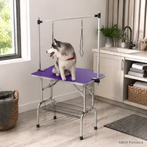 36" Folding Dog & Cat Grooming Table, Stainless Steel Frame, MDF+Rubber Mat, Adjustable Arm with Secure Clamps, Complete Kit, Easy Cleaning (Purple),summervibes