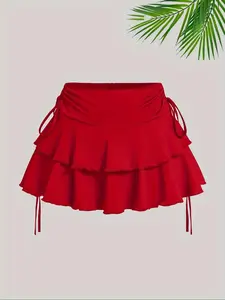 【Plus Size】 Solid Ruffle Trim Tie Side Skirt, Casual Fashion Short Skirt for Daily Outdoor Wear, Women Plus Clothing for Summer