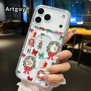 Magnetic Phone Case for iphone 17 Pro Max 16 Plus 15 14 13 12 11 Air XR E Nutcracker Yuletide Charms Pattern Non-Yellowing Shockproof Soft Silicone Transparent Acrylic Large Hole Cover Supports Wireless Charging
