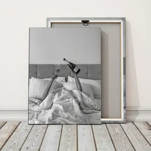 1 Count Wooden Framed Black And White Modern Minimalist Design Pouring Champagne on Bed Celebration Wall Art, Feminist Canvas Poster, Girl Room Wall Decor, Bedroom Decor, Ready To Hang, Gift Idea, Aesthetic Room Decor, Waterproof Canvas Wall Art, Artwork