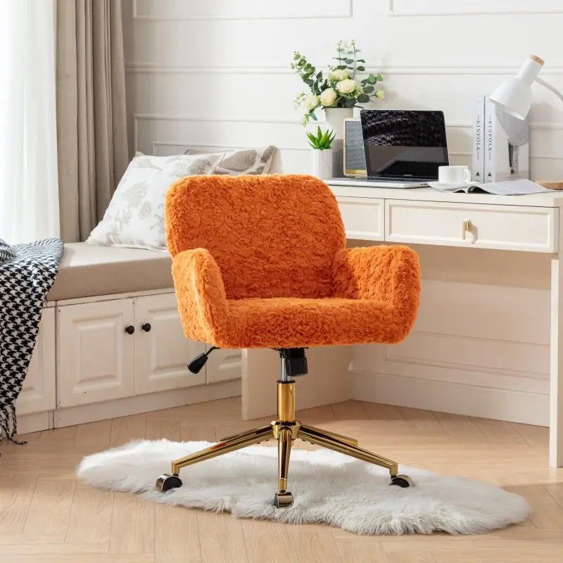 Furry Cute Office Chair- Modern Swivel Desk Chair with Wheels- Makeup Vanity Chairs with Back - Alpaca Fleece Upholstered Rolling Chairs for Vanity Makeup Room Girls Women Orange