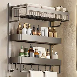 1 Piece, 3-Tier Bathroom Space Aluminum Towel Rack, Wall-Mounted Bathroom Towel Shelf, Double-Tier with Shelves for Shampoo Bottle and Cup Storage, Bathroom Bar with Hooks, Storage for Household Toilet Wire Basket, Suitable for Bathrooms
