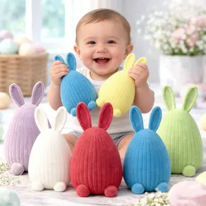 Cute Flocked Easter Egg Bunny Decor Pastel Striped Rabbit Figurines Spring Tabletop Decor for Home Party Soft Velvet Texture Easter Egg Shaped Bunny Set Festive Holiday Table Centerpieces Aesthetic Room Decor for Easter Celebration -RR