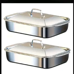 4PCS Stainless Steel Deep Baking Pan Set with Lids & Handles – 6L Large Rectangular Roasting Pans for Lasagna, Chicken, Fish – Heavy Duty, Dishwasher Safe Oven Cookware Set