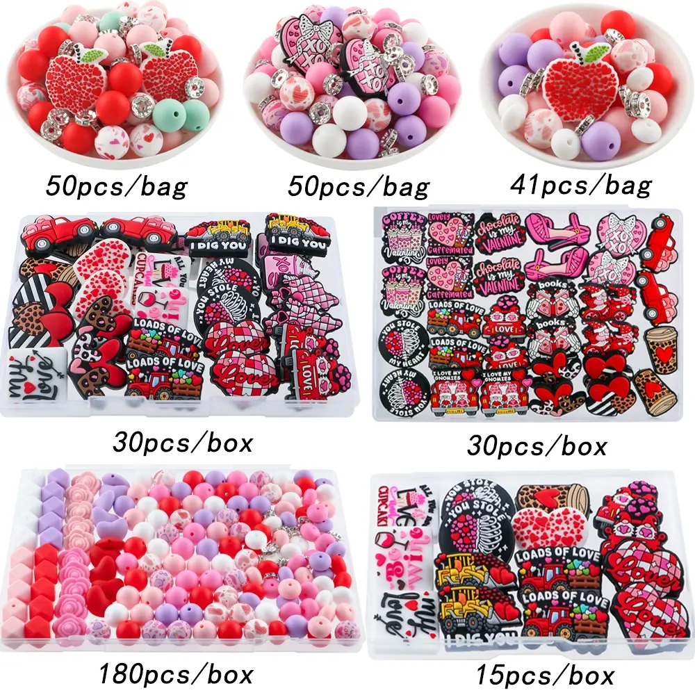 Valentine's Day Bead DIY Kits and Accessories Boxed and Bagged Sets in Various Styles Perfect for Crafting Valentine's Day-themed Beaded Pens Necklaces Bracelets Keychain Pendants Bag Charms and other Beads&Bead Assortment