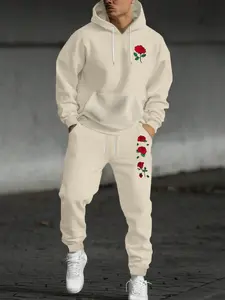 Men's Street Style Oversized Hoodie Set, High-End Hip-Hop Rose Print Two-Piece, Fitted Jogger Pants, All Seasons Wear