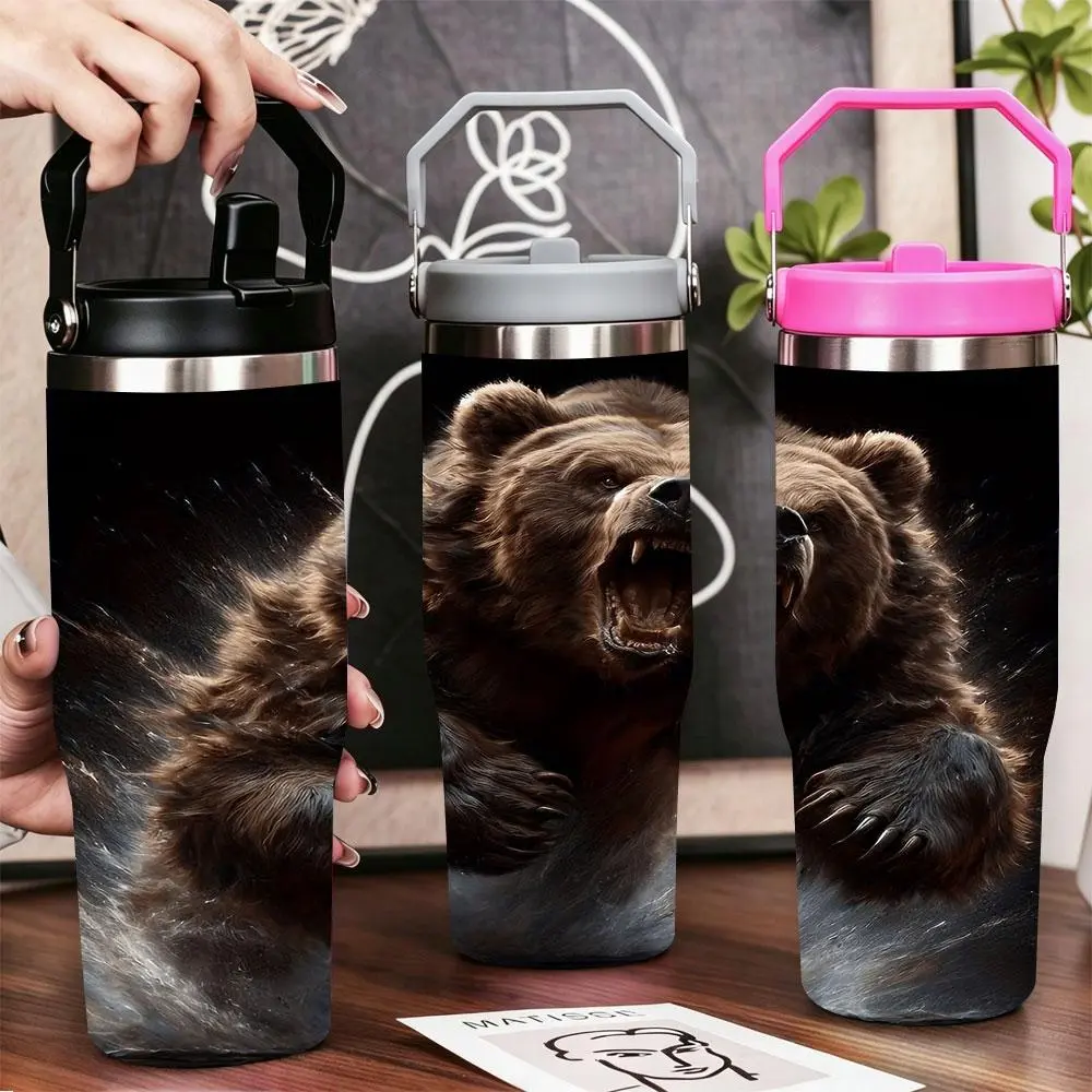 Roaring Brown Bear with Splashes Stainless Steel Tumbler, Drinkware Gear, 12oz/20oz/22oz/30oz/40oz Double Wall Vacuum Insulated Cup with Lid & Straw, Leak-Proof BPA-Free Travel Mug for Gym, Office