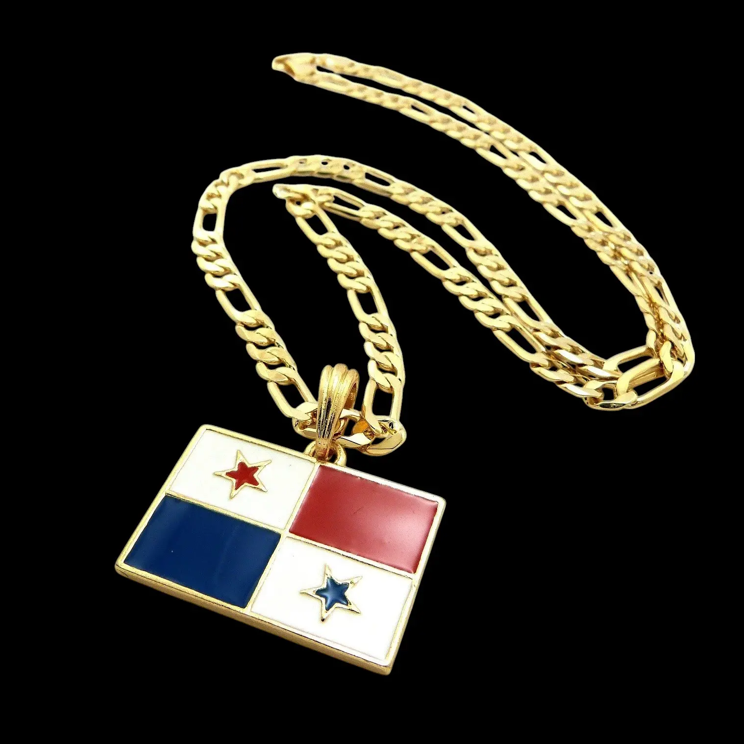 MaxBling81 Panama Flag Charm Pendant & 4mm 20"-24" 14K Stamped Brass Figaro Chain Necklace, Hip Hop Style Chainnecklace, Unisex Jewelry for Men and Women