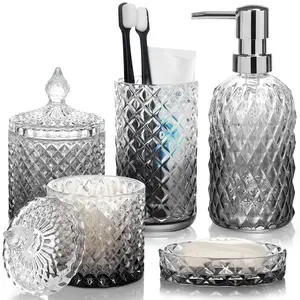Bathroom Accessories Set, 5Pcs Bathroom Soap Dispenser Set, Glass Bathroom Accessories with Glass Soap Dispenser, Soap Dish, Toothbrush Holder, Tumbler, Qtip Holder