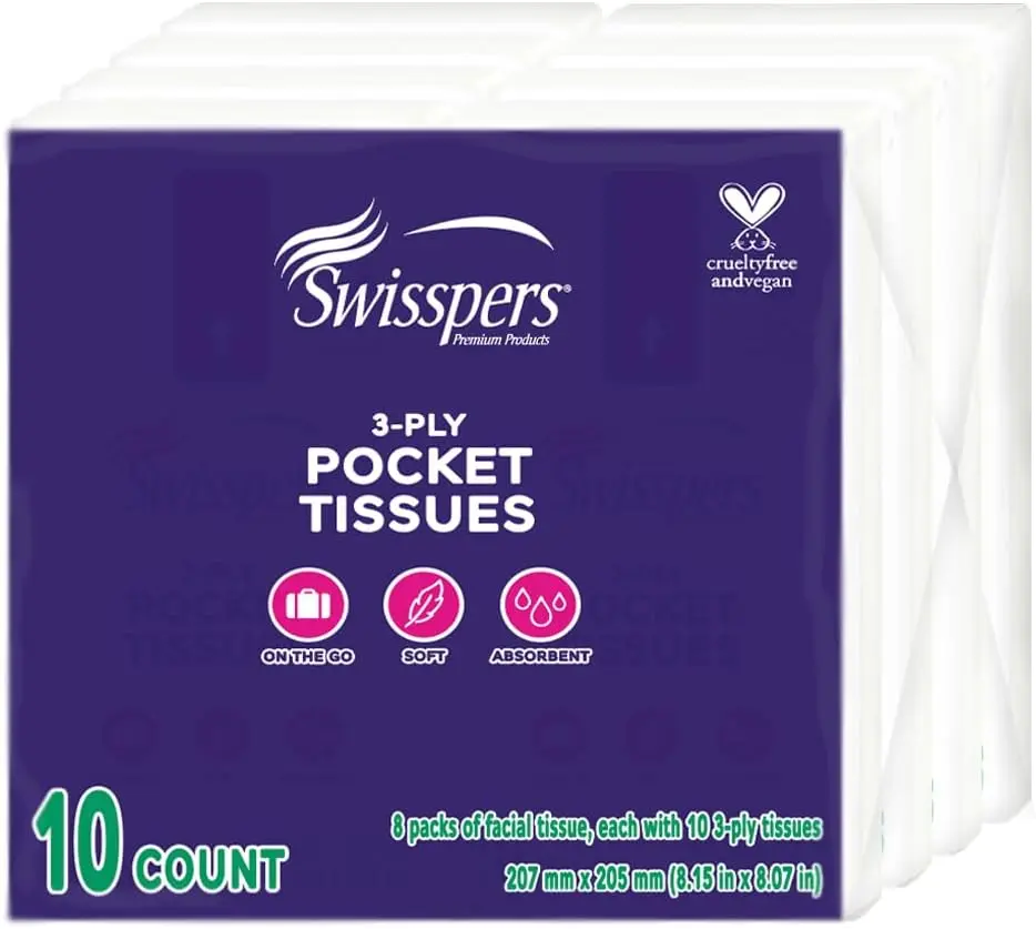 Swisspers Pocket Tissues, 3-Ply White, 10 per Pack (Pack of 8)