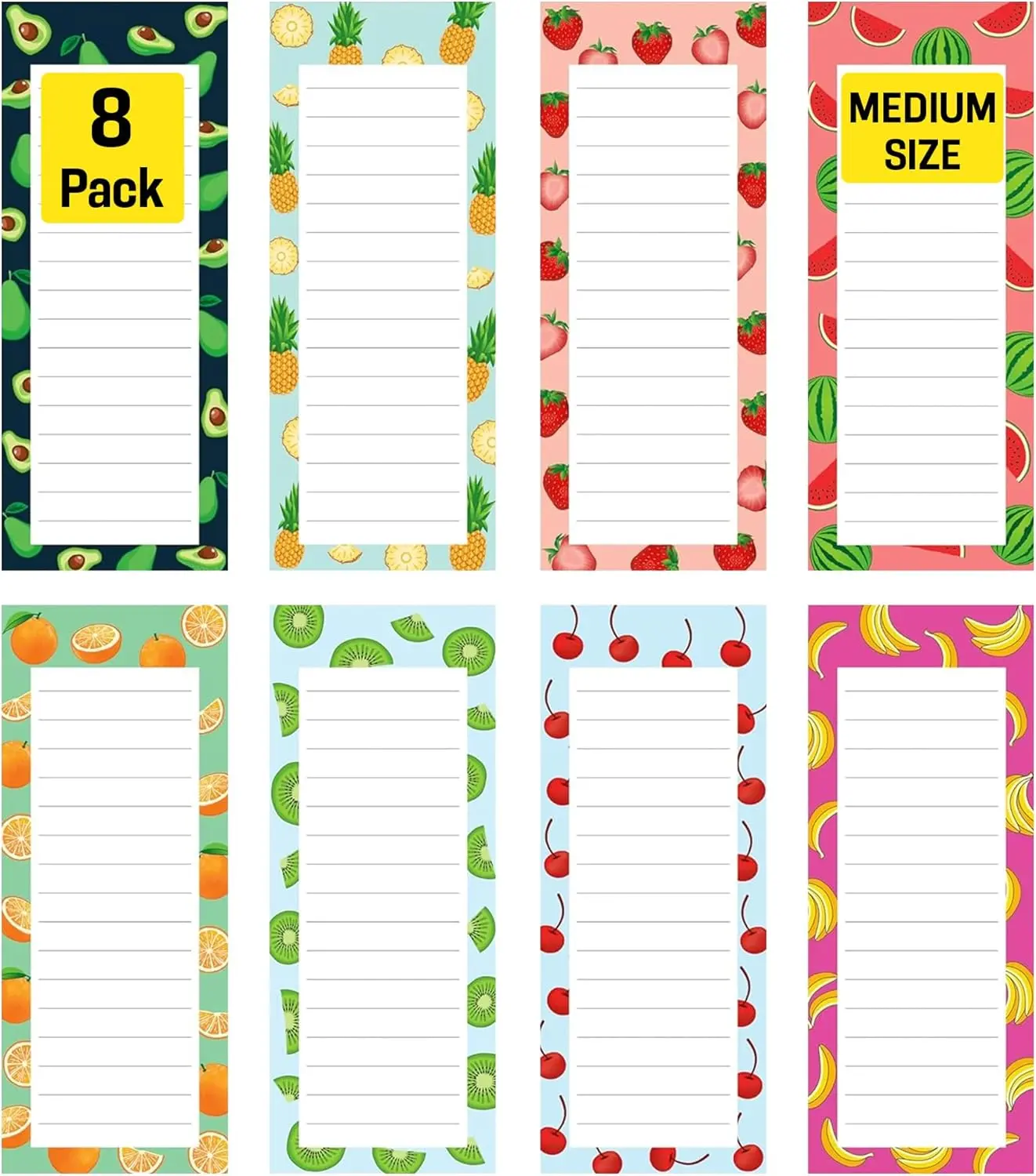 Fruit-Themed Magnetic Notepads (8 Pack) - 7.5in x 3.5in Natural Uncoated Paper Office Stationery, Strong Magnetic Back, 25 Sheets/Pad, Realistic Fruits, Less Ink Bleed, No Slipping-Falling-Scratching, Ideal for Kitchen, Garage, Filing Cabinet Use, 7.5 Inc