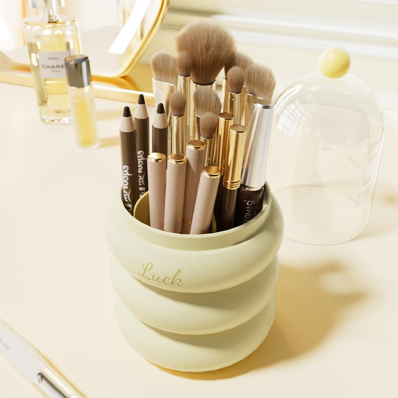 360° Rotating Makeup Organizer with Clear Dustproof Lid – Rabbit Ear Design, Multi-Layer Storage for Brushes, Lipsticks, and Skincare, Polished Finish, Countertop Vanity Organizer
