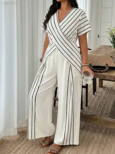 Elegant Striped V-Neck Short Sleeve Wide Leg Pants Jumpsuit Fit, Womenswear Hidden Zipper Hem Slit Design, Fashionable Chic Casual Wear for Daily