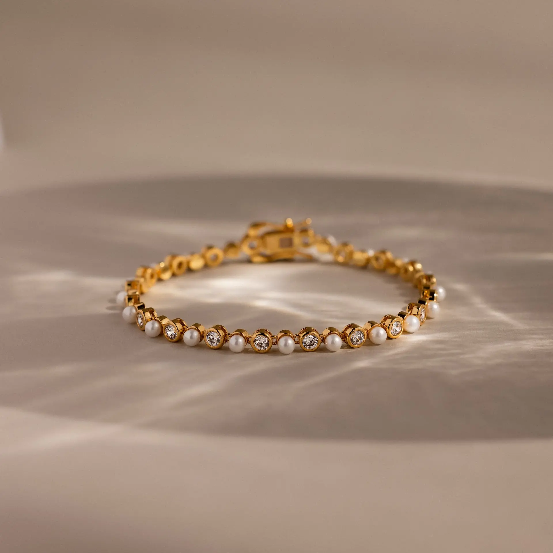 Pearl & Diamond Tennis Bracelet by Caitlyn Minimalist - Dainty 18K Gold Plated Pearl Gemstone Bracelet - Elegant Wedding Jewelry - Gift for Her