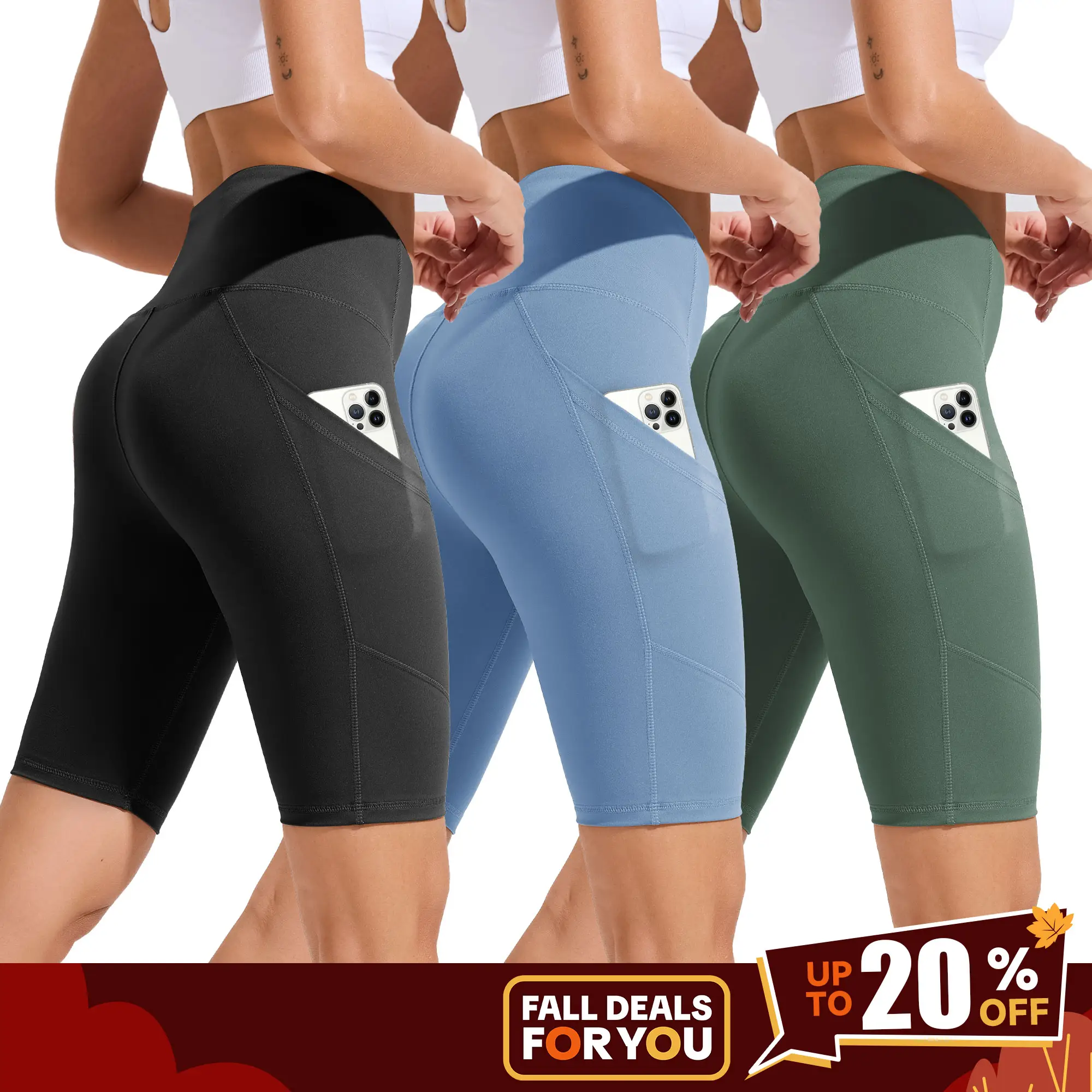 SHOWITTY High Waisted 3 Pack Women's Biker Shorts with Pockets, 11" Plus Size Lightweight Spandex Yoga Workout Running Shorts for Casual Daily Wear