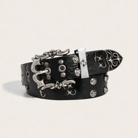 Men's Punk Vintage Rivet Belt Buckle, Unique Style Leather Pants Waistband, Ch Hot Girl Fashion Accessory, Retro Rocker Trendy Belts, Rivet Decorated Belt, Casual Style Belts, Alt Belt