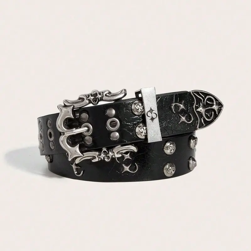 Men's Punk Vintage Rivet Belt Buckle, Unique Style Leather Pants Waistband, Ch Hot Girl Fashion Accessory, Retro Rocker Trendy Belts, Rivet Decorated Belt, Casual Style Belts, Alt Belt