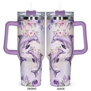 40oz Tumbler with Lid, 1 Count Floral & Dolphin Pattern Insulated Tumbler, Durable Gift for Any Occasion for Family, Friends, and Coworkers, Drinkware