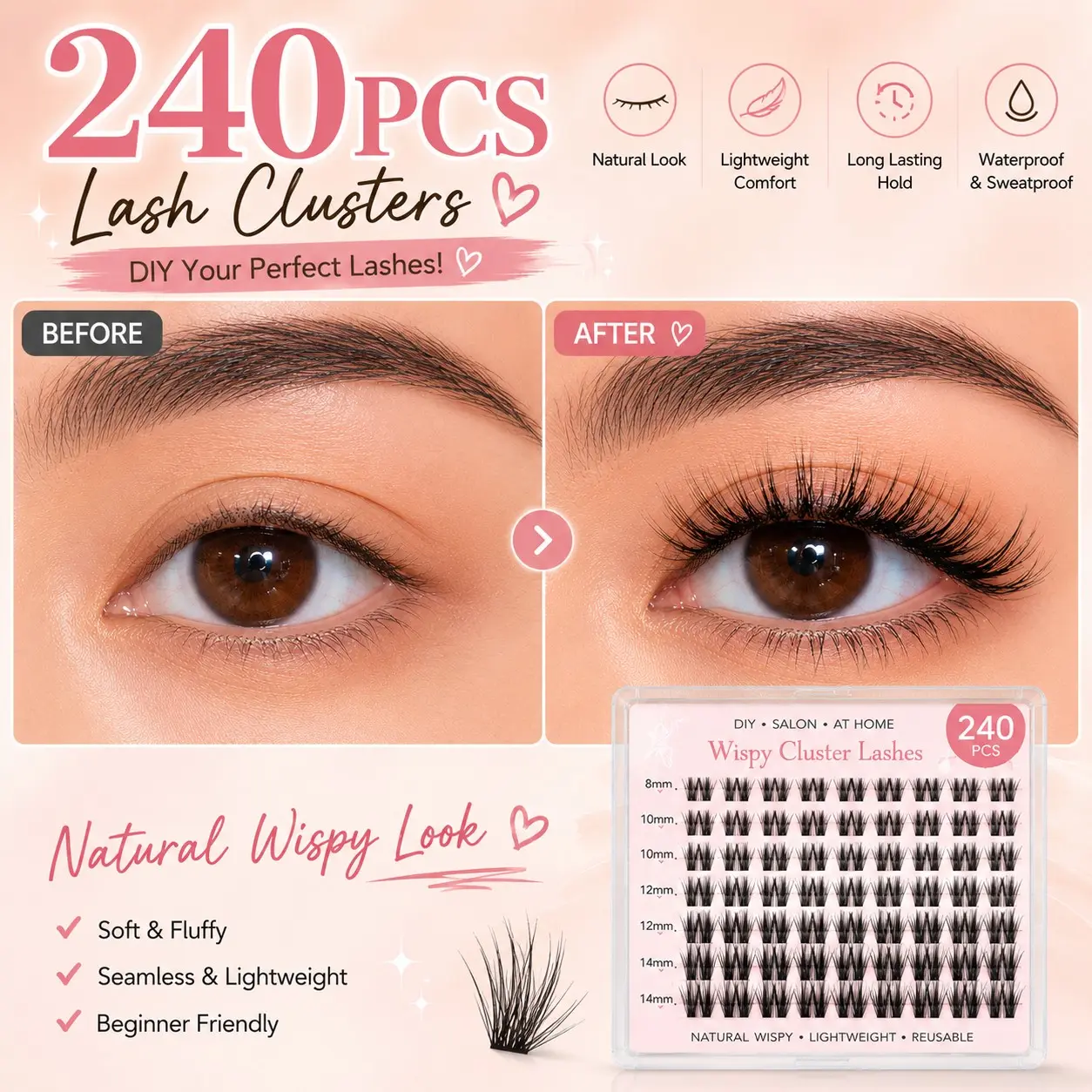 240pcs Reusable Cluster Lashes Kit, 12 Rows 40D DIY Lash Clusters, Mixed Lengths 9–16mm, 3D Volume Wispy False Eyelashes, Eyelash Extensions, Soft Natural Look & Easy Application, Create Voluminous Natural Y2K Butterfly Makeup Effect, Easy DIY Lashes