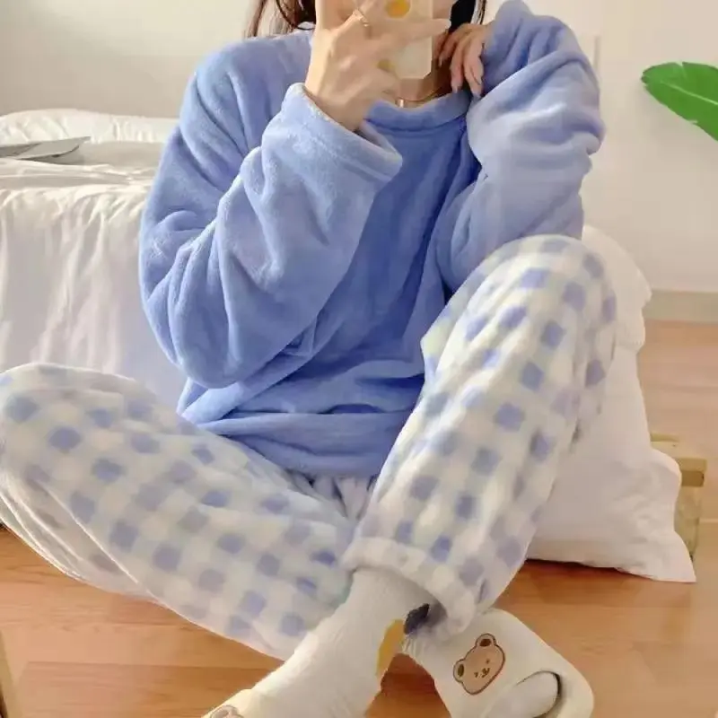 Women's 2-Piece Soft Warm Fleece Pajama Set - Long Sleeve Solid Top, Plaid Trouser Winter Sports Loungewear