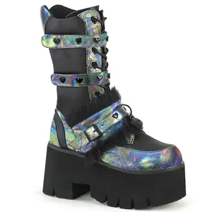 Demonia Ashes-120 Black Vegan Leather Green Multi Oil Ankle Boots